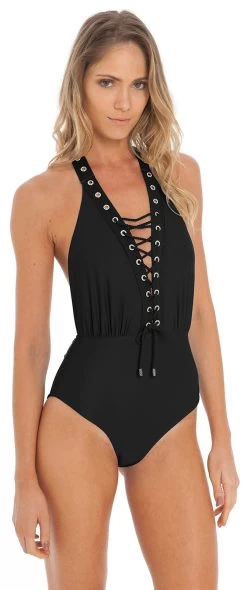 Schwarz Glänzender Badeanzug Despi – Eyelet Op Black