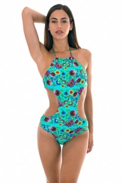 Türkisblauer Geblümter Trikini – Bloom Maio Recorte