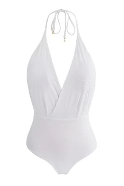 Weißer Badeanzug Wickeloptik, Texturiert – Cloque Branco Transpassado