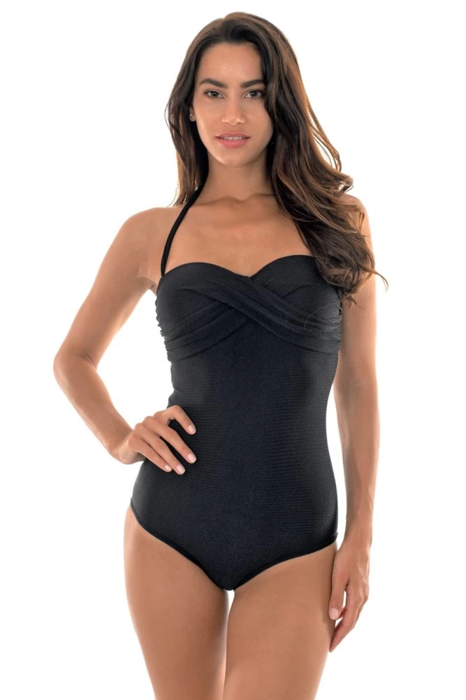 Schwarz Texturierter Drapierter Bandeau Badeanzug – Duna Black One Piece 4 Schwarz Texturierter Drapierter Bandeau Badeanzug – Duna Black One Piece – Bild 2