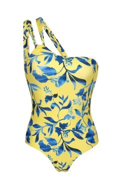Gelber Asymetrischer Badeanzug Mit Musterung – Lemon Flower One Shoulder
