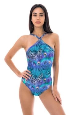 Blaugemusterter Hochgeschlossener Badeanzug – Violina High Neck