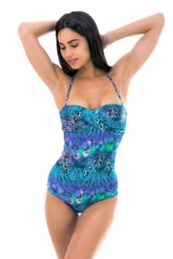 Blaugemusterter Wattierter Bandeau Badeanzug – Violina One Piece