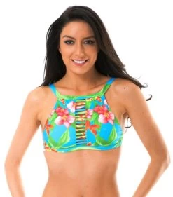 Blau Geblümtes Strappy Crop-Top – Soutien Aloha Cropped Tiras