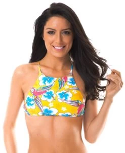 Gelbgemustertes Crop Top, Mit Kreuzträger – Soutien Canarinho Sporty