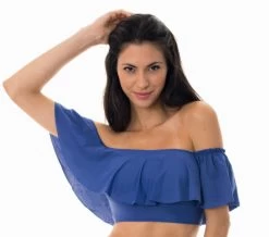 Blaues Schulterfreies Bade Crop-Top, Gerüscht – Soutien Denim Babado