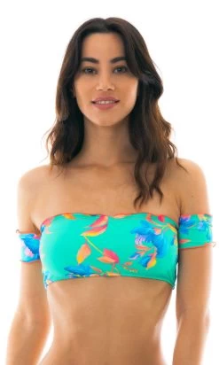 Wassergrünes Geblühmtes Crop Top – Top Acqua Flora Off Shoulder