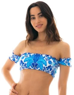 Crop Top Off Shoulder Blumenmotiv Blau-weiß – Top Hortensia Off Shoulder